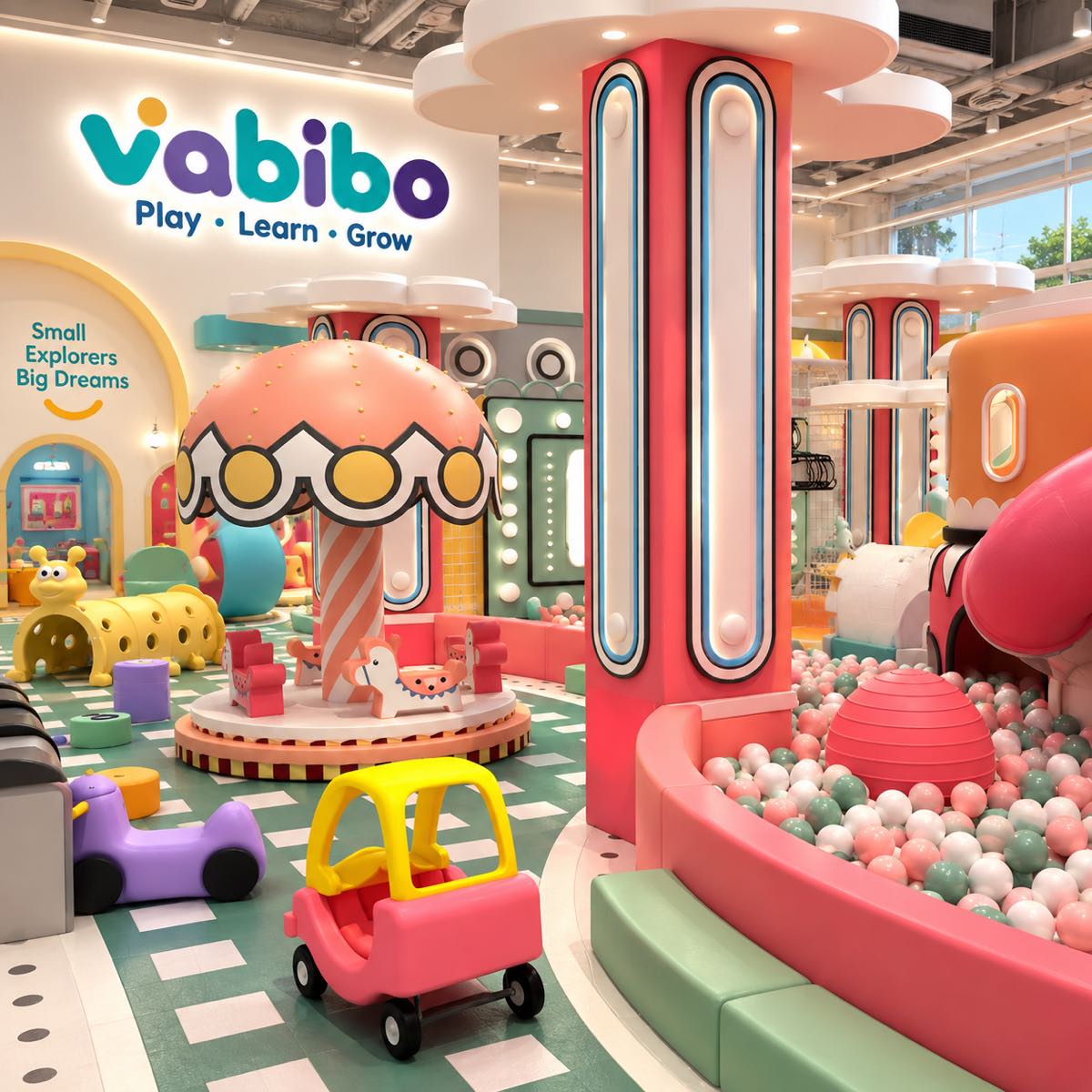 Early learning indoor play area with role play, soft seating, toddler ball pool, and educator sightlines