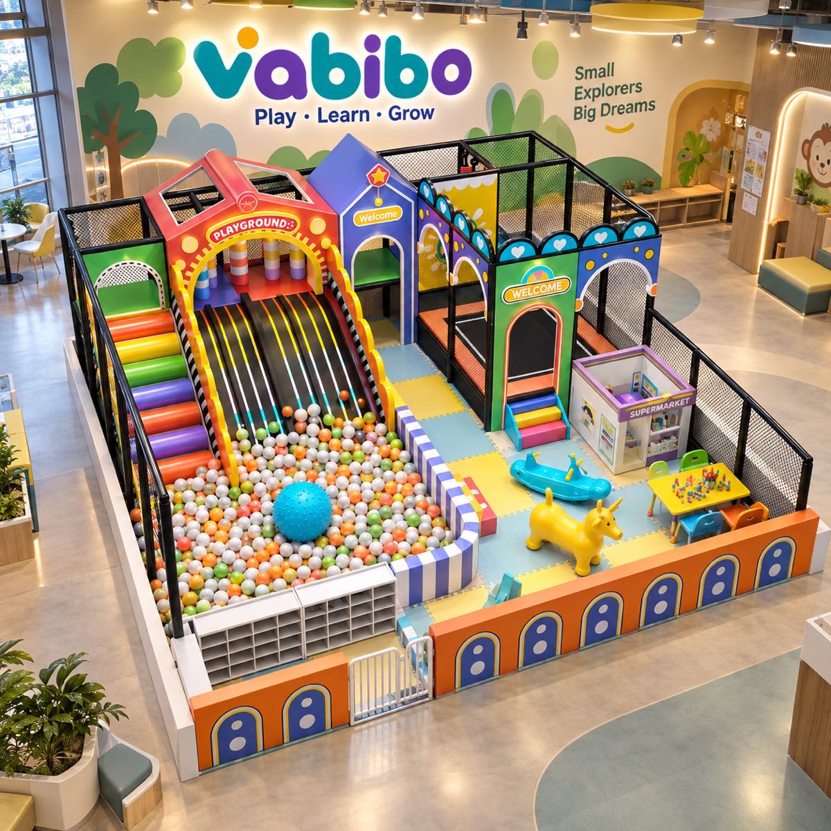 Kindergarten indoor playground with slides, role-play areas, and a clear circulation path
