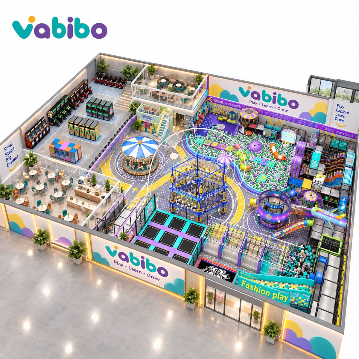 Large family entertainment center layout with indoor playground equipment, trampolines, arcade games, café, and reception