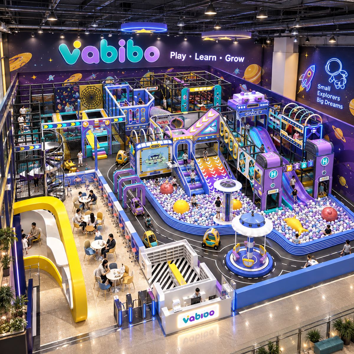 Space-themed family entertainment center with indoor playground, café seating, and multiple attractions