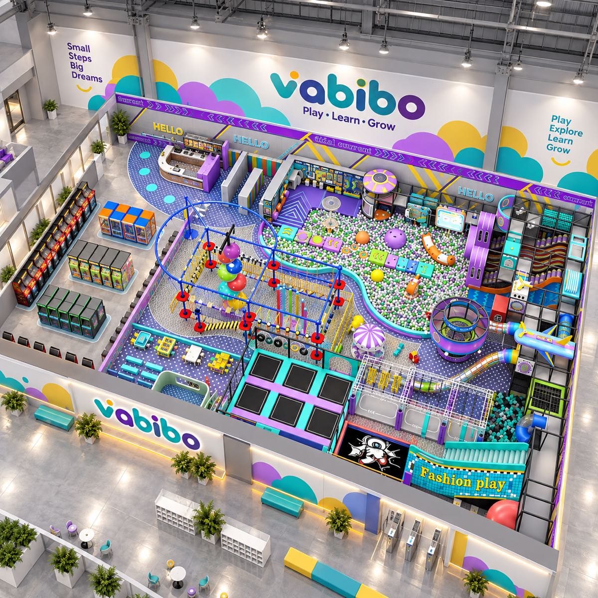 Commercial family entertainment center with soft play, trampolines, climbing, arcade, and food service