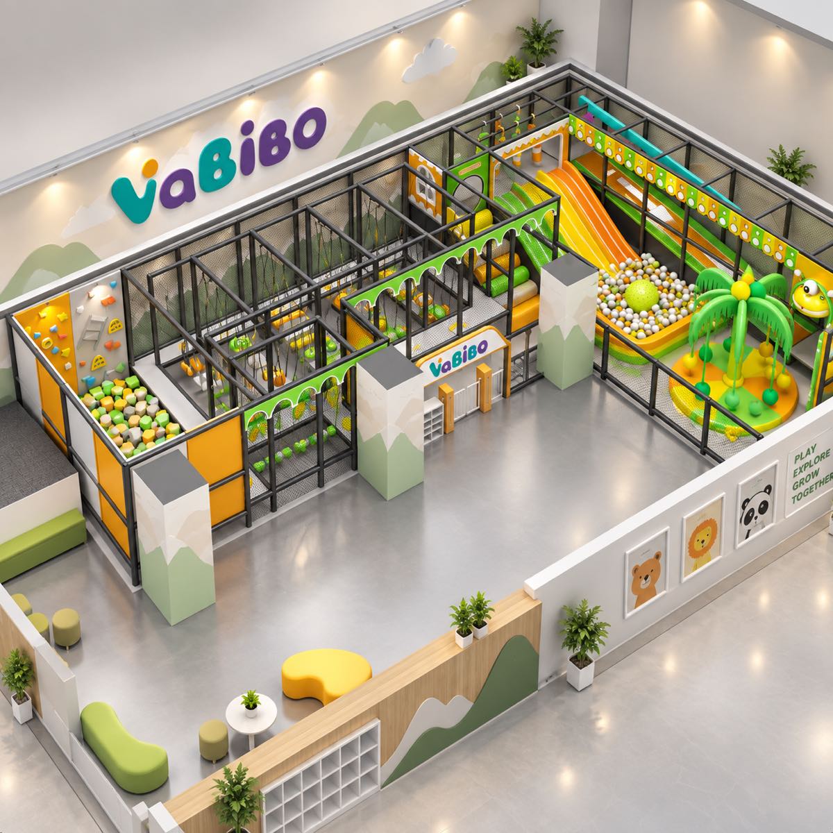 Shopping mall indoor playground with a compact adventure structure, controlled entry, and parent seating