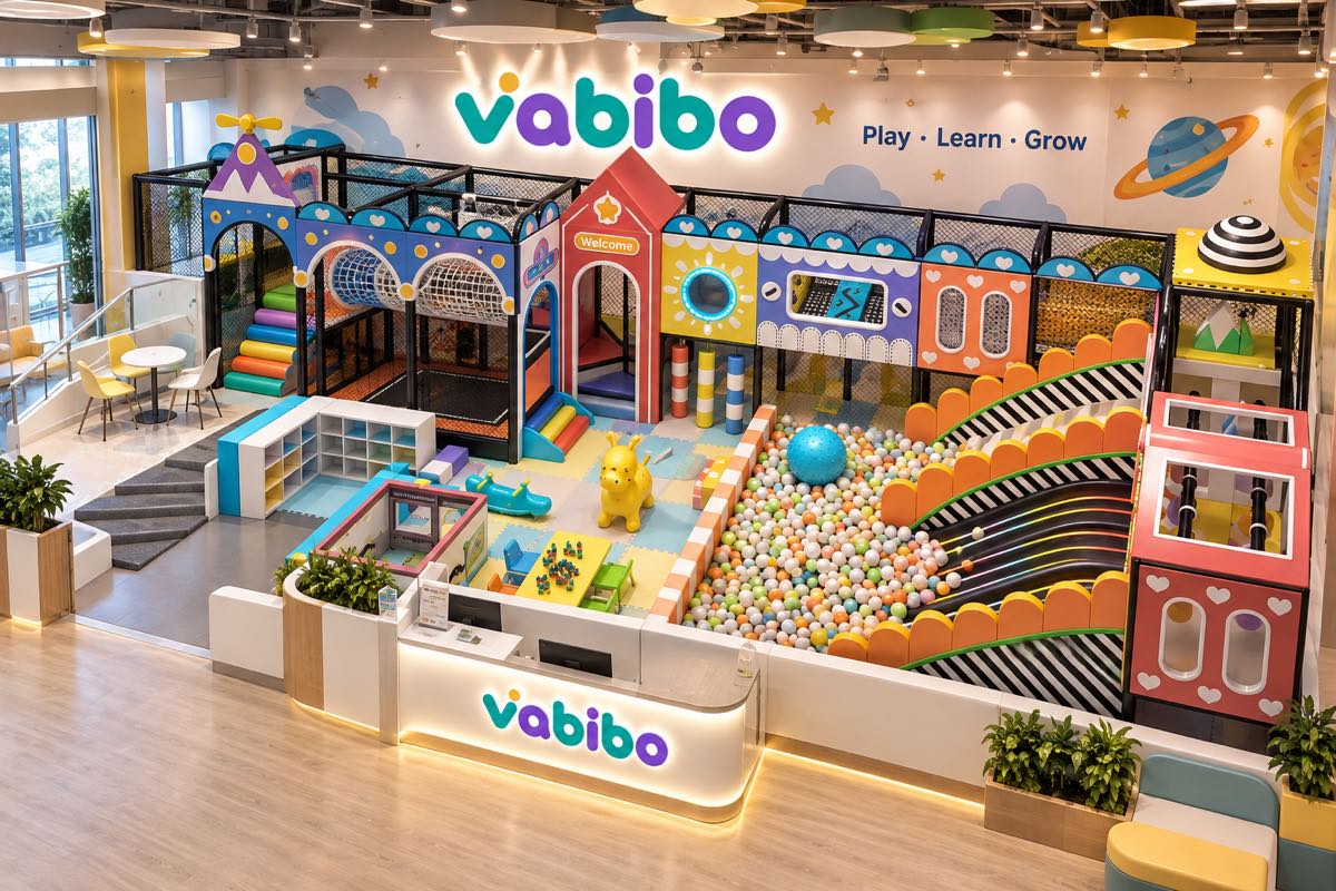 Shopping center indoor playground with reception, ball pool, multi-lane slide, and toddler play zone