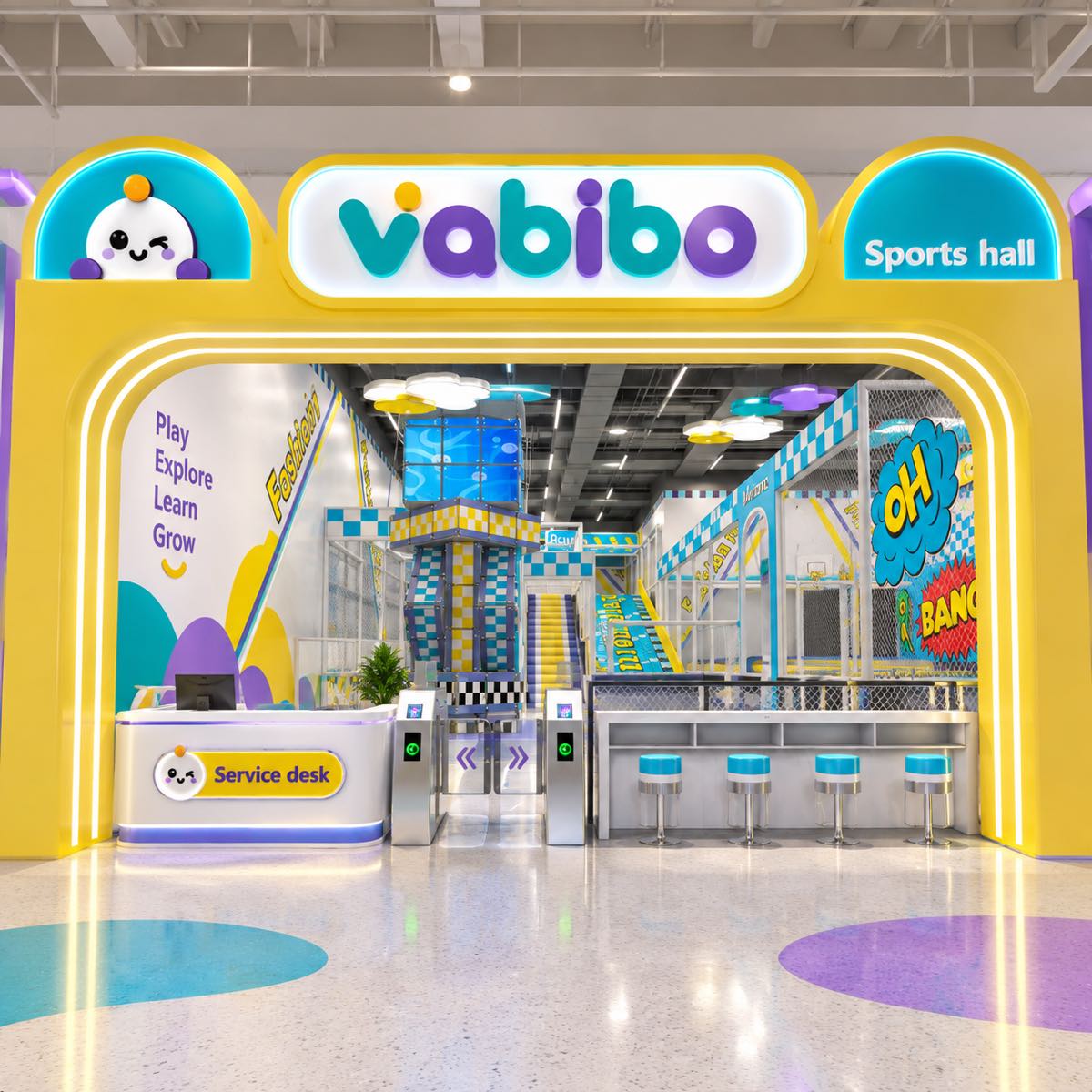 Sports hall entrance for a commercial family entertainment center