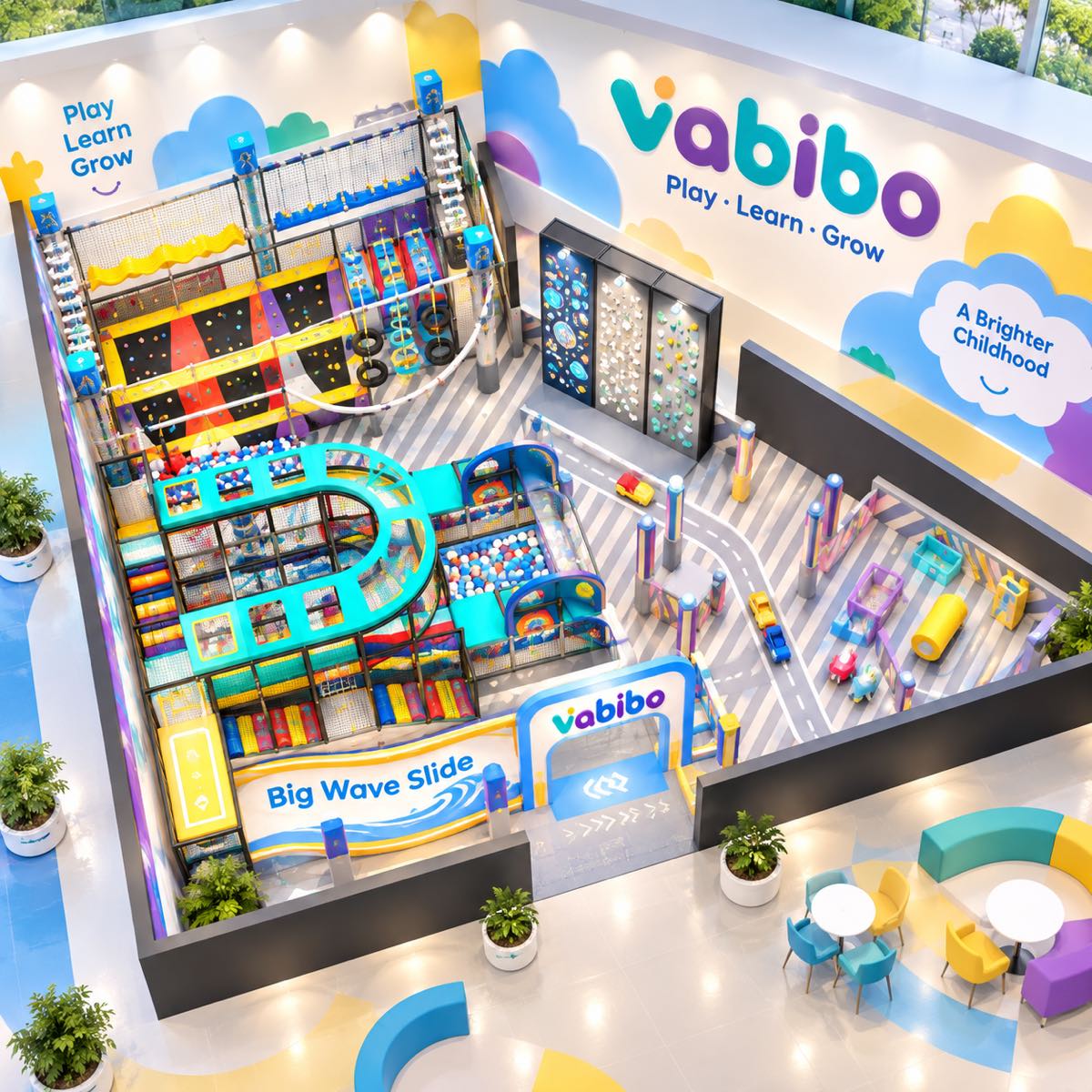 Ocean-inspired indoor playground with a wave slide, climbing wall, and soft play