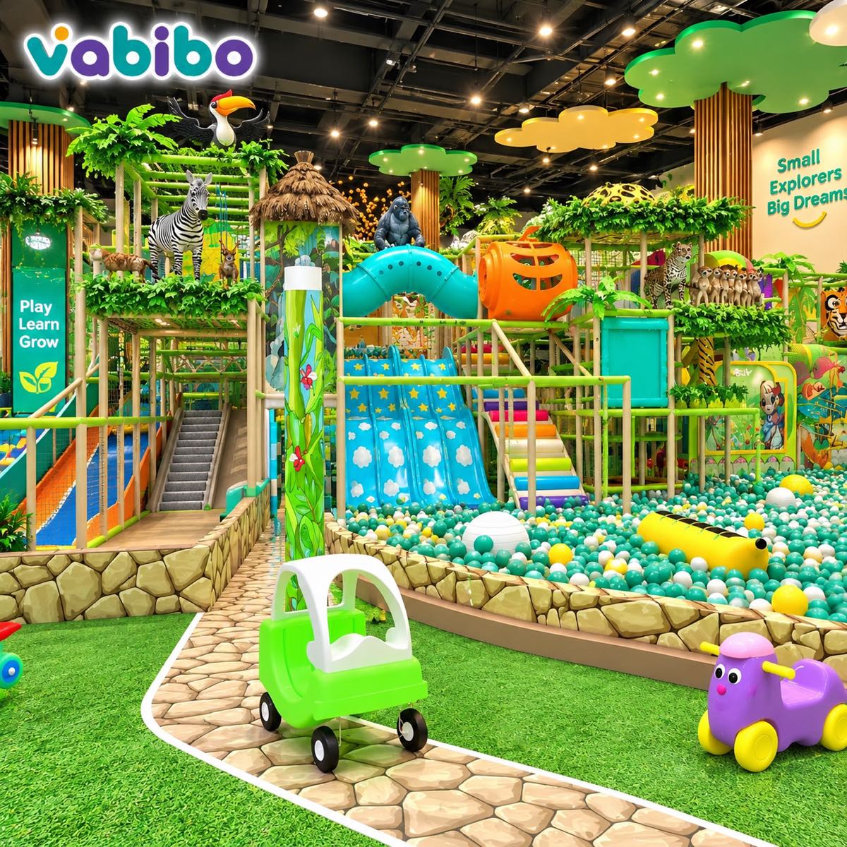 Jungle-themed indoor playground with safari animals, slides, and a ball pool