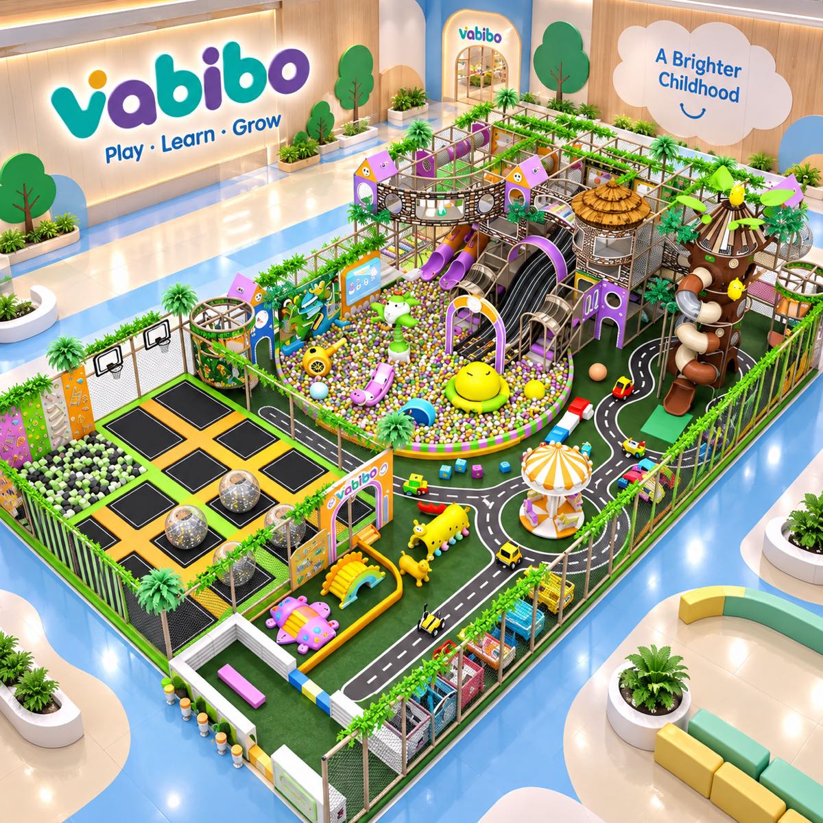 Jungle-themed shopping mall indoor playground with treehouse, ball pool, trampolines, and activity route