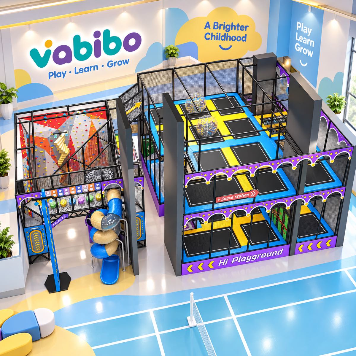Active indoor playground with multi-level trampolines, climbing walls, and slides