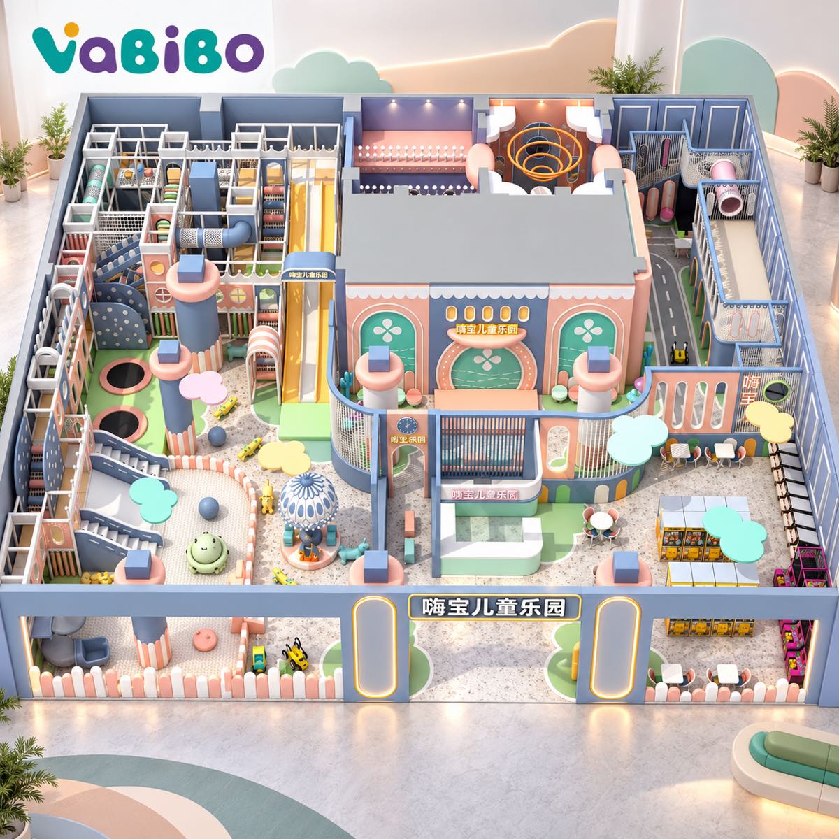 Pastel hotel kids club indoor playground with role play, slides, climbing, and family seating