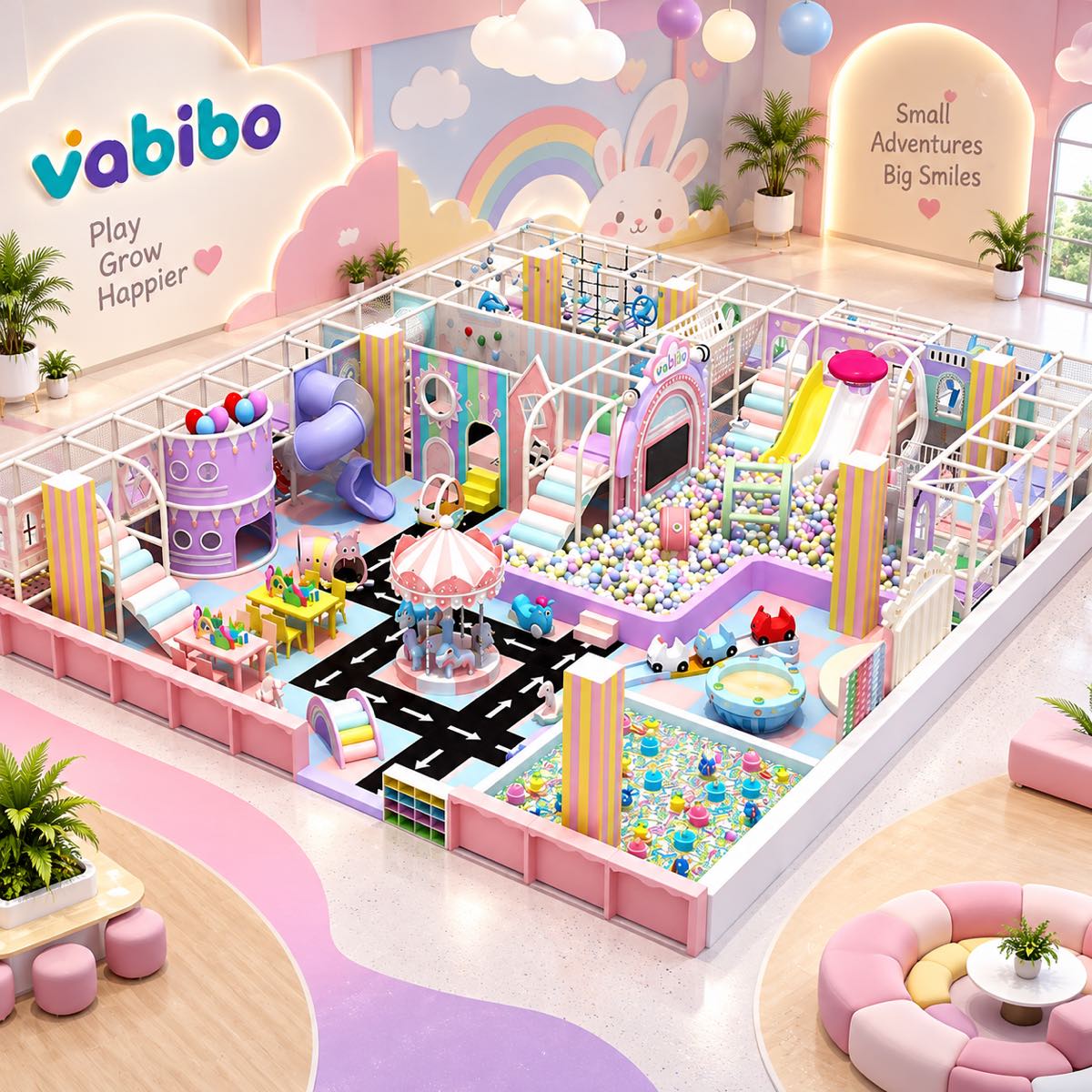Premium resort indoor playground with ball pool, carousel, role play, and multiple slides