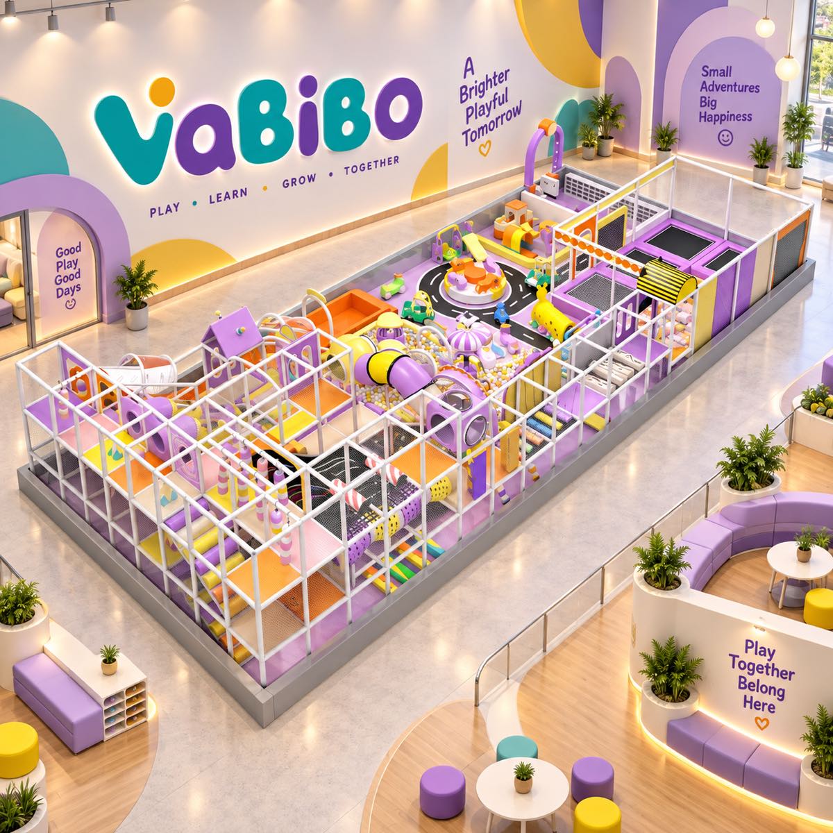 Commercial hotel indoor playground with soft play, trampolines, slides, and parent seating