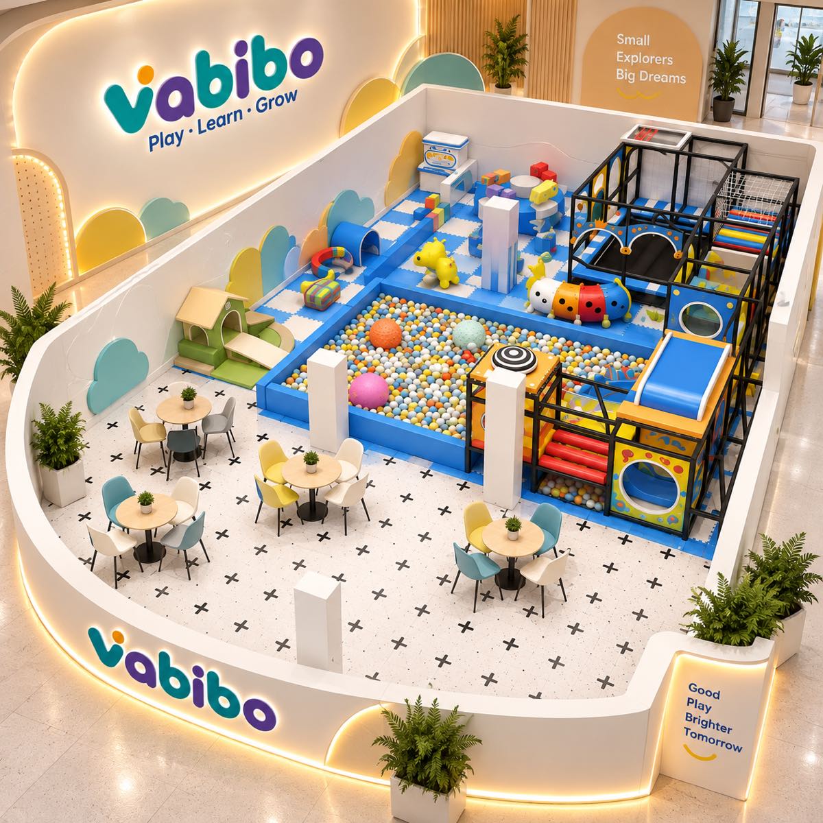 Small indoor play café layout with toddler play, ball pit, seating, and clear parent sightlines