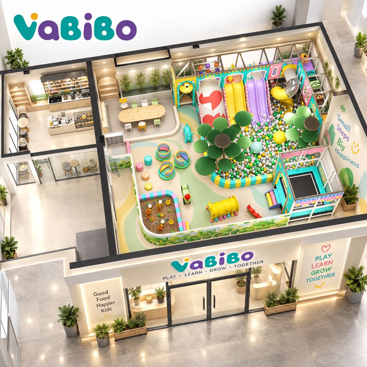 Indoor play café floor plan with soft play, triple slides, parent seating, and food service