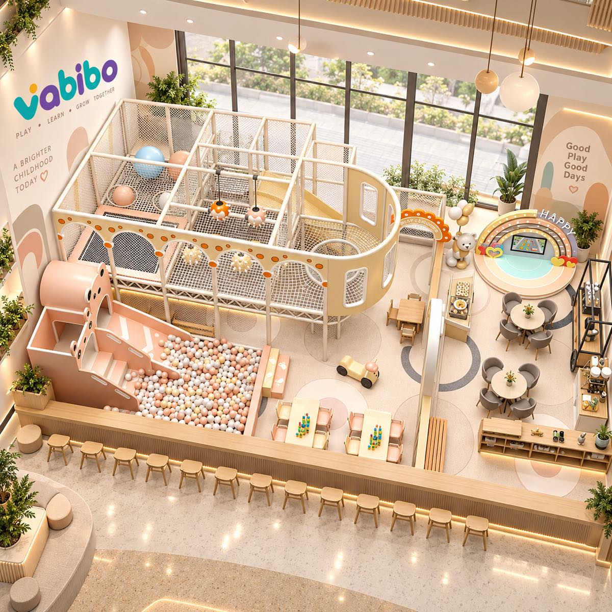 Neutral-tone kids café with indoor soft play, ball pit, family tables, and service counter