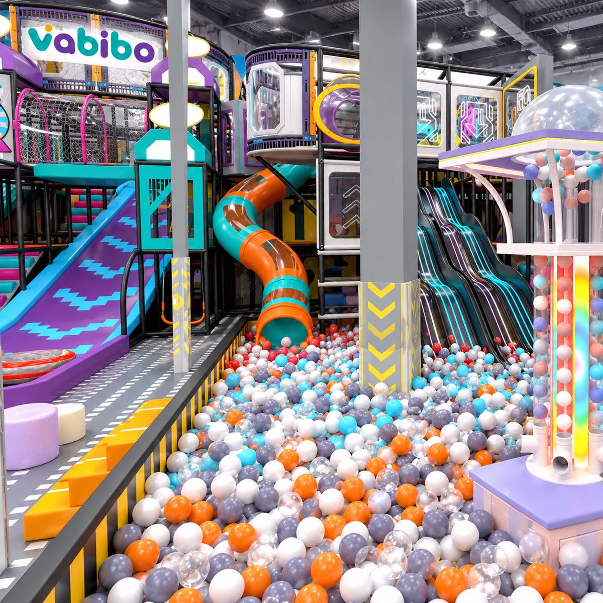 Large destination indoor playground with multi-level slides, ball play, and themed attractions