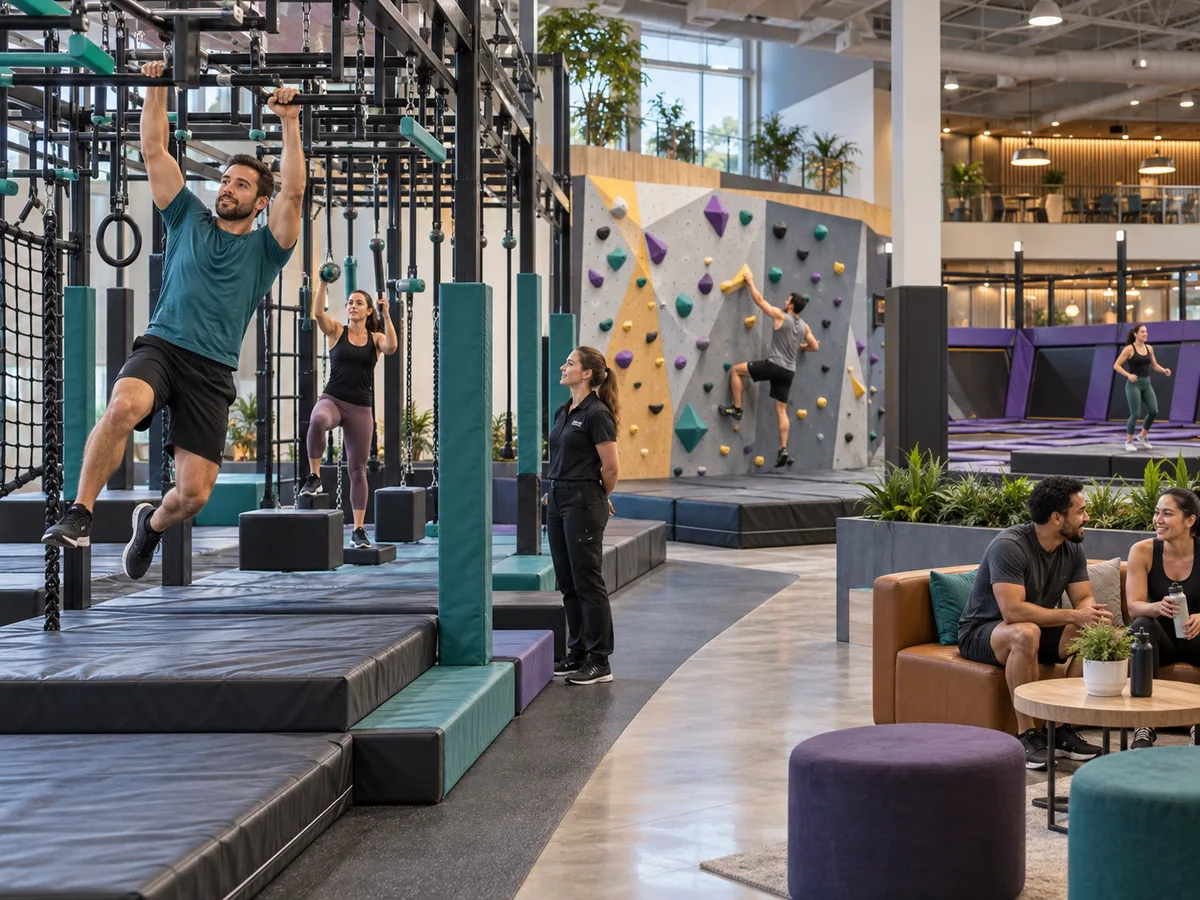 Adults using supervised ninja, climbing, and trampoline activity zones in a modern indoor entertainment venue