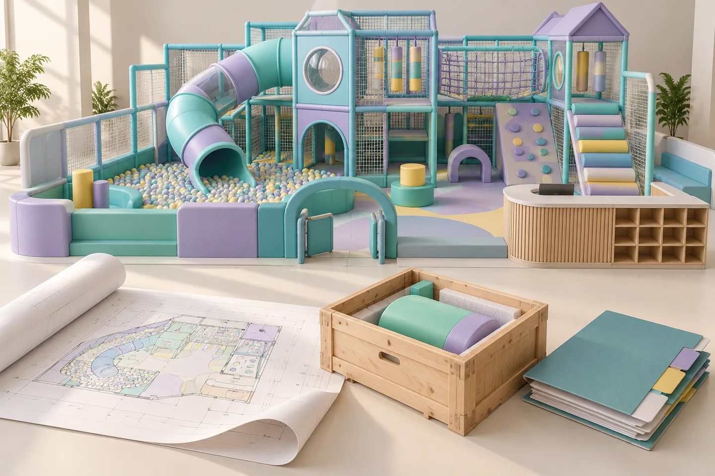 AI-assisted concept illustrating indoor playground design, equipment packing, installation, and handover scope
