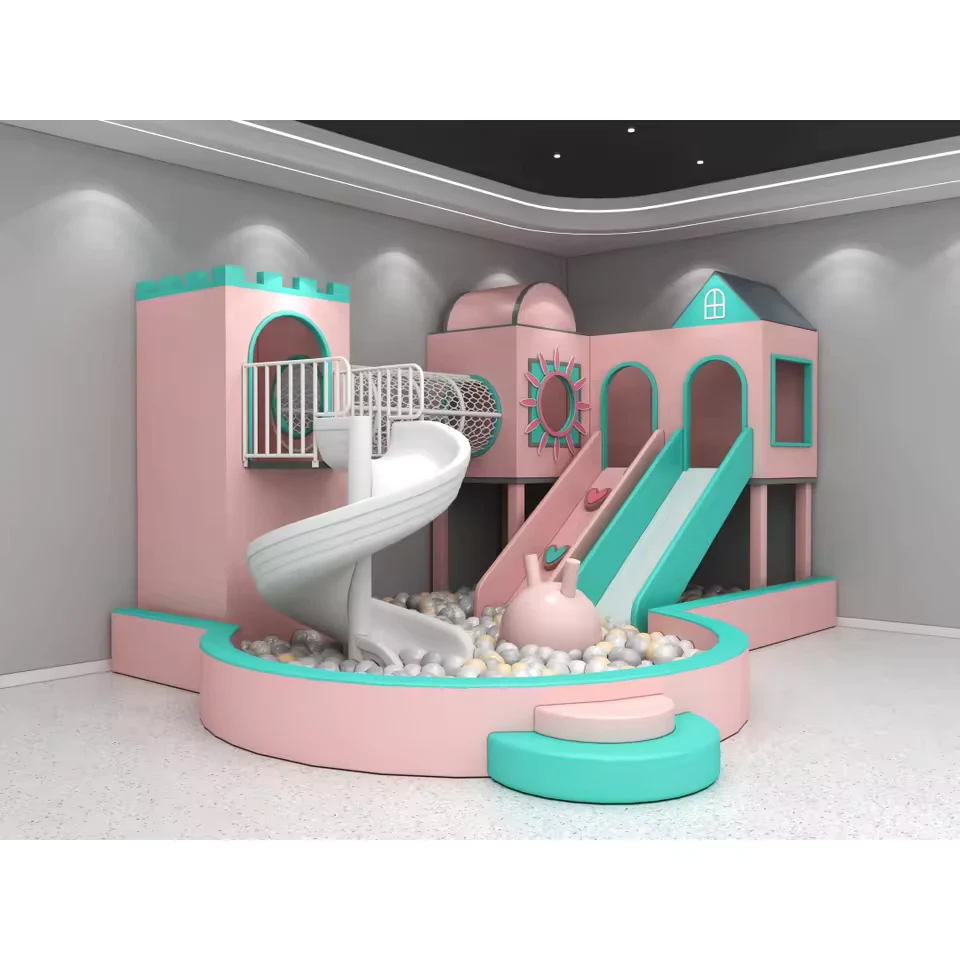 Vabibo themed soft play castle with slides, crawl tunnel, and ball pool